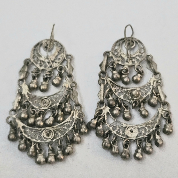 Vintage Handcrafted Intricate Ethnic Design Elegant Silver Chandelier Earrings - Picture 9 of 11